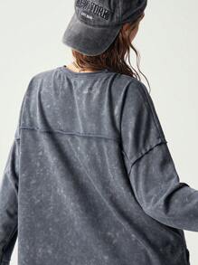 Bohemela Plain Knitted Oversized Crew Neck Drop Shoulder Long Sleeve Sweatshirt For Women - Grey - View 5