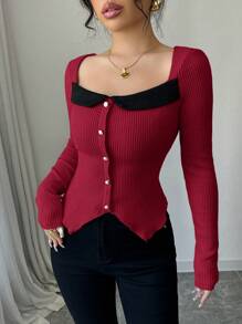 Elenzga Autumn/Winter Color Block Square Neck Long Sleeve Asymmetrical Hem Slim Fit Fleece T-Shirt - Burgundy - View 4