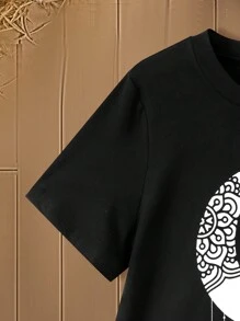 Mulvari Plus Size Women Ramadan Butterfly Print Round Neck Short Sleeve Casual Asymmetric Hem T-Shirt For Summer