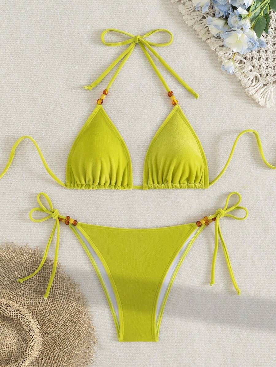 SHEIN Swim Pakaian Renang Liburan Musim Panas di Pantai untuk Wanita, Set Bikini Beludru Gaya Boho - Hijau - View 1
