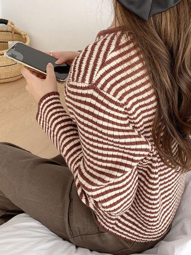 2pcs Women Solid Color Camisole + Striped Cardigan Sweater Set, Brown, Spring/Autumn,Fall Women Clothes