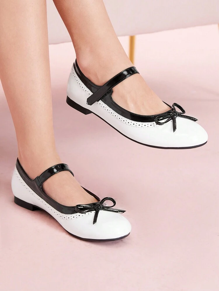 CUCCOO DOLLMOD Women's Round Toe Bowknot Trim Colorblock Flats, Cute Minimalist Retro Fashion Valentines