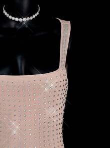 SHEIN ICON Abito lungo da donna nello stile Y2K, sexy e minimalista, in rete con strass, elegante e decorato con paillettes, abito scintillante e luccicante adatto a feste, festa, uscite serali, Capodanno, adatto per appuntamenti casual, uscite serali e abbigliamento per Capodanno. - Cachi - Visualizzare 11