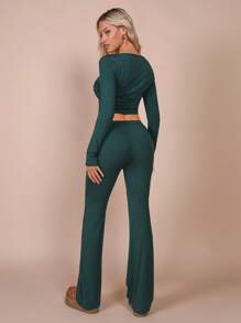 COSMINA 2pcs Women Leisure Simple Solid Color Cropped Top And Flared Pants Set