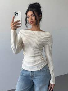 Siren Gaze Women's Solid Color Slanted Shoulder Collar T-Shirt With Pleated Waist And Slimming One-Shoulder Top Spring And Summer Apricot Textured Top Winter Chic Casual