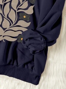 Attitoon Casual Minimalist Leaf Graphic Print Round Neck Loose Women Sweatshirt, Autumn/Winter - Navy Blue - View 6