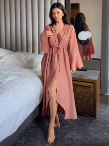 DAZY 1 pezzo Abito copri-costume da donna tinta unita casual con bottoni davanti, stile minimalista adatto per uso quotidiano, per vacanze estive in spiaggia - Rosso - Visualizzare 1