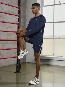 Manfinity Fitness 男式字母印花插肩袖长袖 T 恤和短裤运动服运动套装健身上衣秋季透气