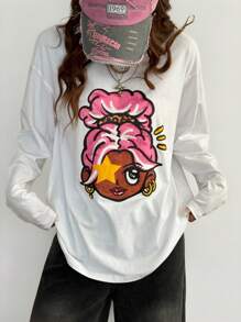 SHEIN EZwear Girls Daily Wear Rapper Athleisure Portrait Pattern White Over Size T-Shirt - White - View 4