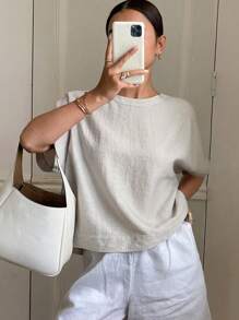 DAZY Women's Casual Linen Blouse With Open Back And Short Sleeves - Grey - View 6