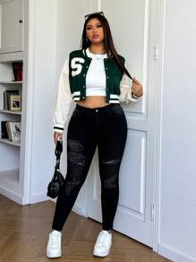 SHEIN EZwear Plus Size Distressed Blue Elastic Skinny Denim Jeans - Black - View 4