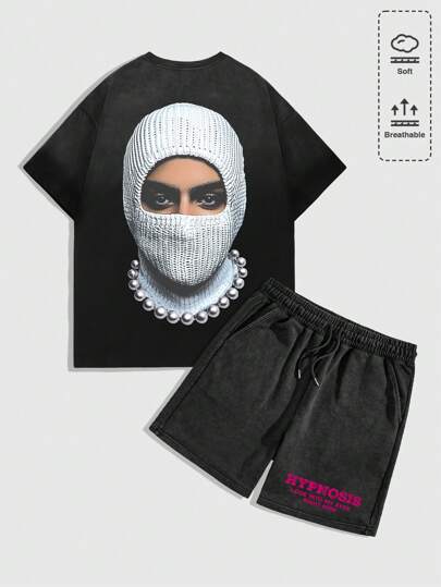 Street Life Set de 2 piezas, camiseta gráfica y pantalón corto para hombres, cuello redondo, manga corta, conjunto minimalista