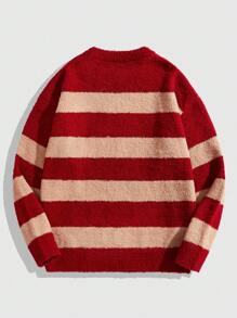 ROMWE MEN Prep Jersey casual para hombre con bloques de colores, rayas y patrón estrellado de peluche, otoño/invierno - Caqui - Ver 2