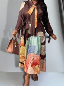 Slaydiva Plus Size Women Solid Color Patchwork Front Tie Long Sleeve Casual Dress, Elegant