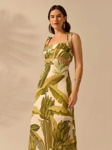 CAJUNI 女式波西米亚风香蕉树印花无袖系带腰连衣裙，休闲夏季海滩度假连衣裙 - 綠色 - 查看 4