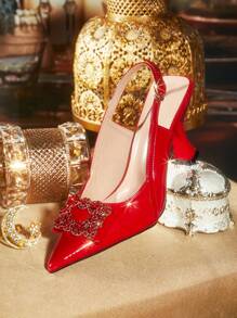 CUCCOO TILAWA Pointed Toe, Red, Glamorous Fashion Wedding Shoes With Crystal Buckle Spring Shoes Spring Break Easter Prom Heels - Red - View 6