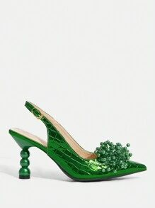 CUCCOO TILAWA Fashionable & Elegant Green Faux Pearl Flower Decor Square Heel High Heels Valentine's Day - Green - View 4