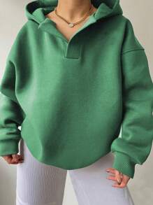 INAWLY Áo nỉ dài tay có mũ màu trơn dành cho nữ cỡ lớn, thích hợp mặc mùa thu. - màu xanh lá - Xem 1