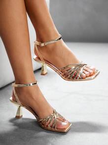 CUCCOO SZL Women's Square Toe Low Heel Gold Strap Sexy Elegant Party/Wedding Stiletto High Heel Sandals