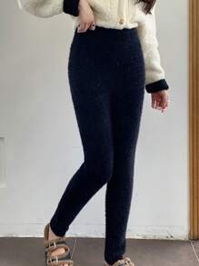 INAWLY Women Solid Color Plush Fitted Pants, Autumn/Winter