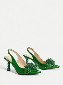 CUCCOO TILAWA Fashionable & Elegant Green Faux Pearl Flower Decor Square Heel High Heels Valentine's Day - Green - View 7