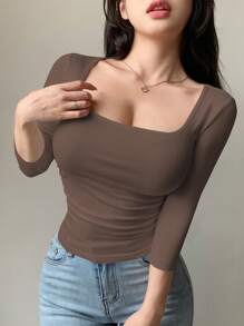 DAZY 女士休闲纯色简约方领T恤，秋季服装