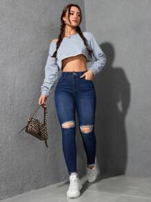 Flexra Jeans ceñidos casuales y versátiles con bolsillos y efecto desgastado para mujer - Azul lavado oscuro - Ver 2