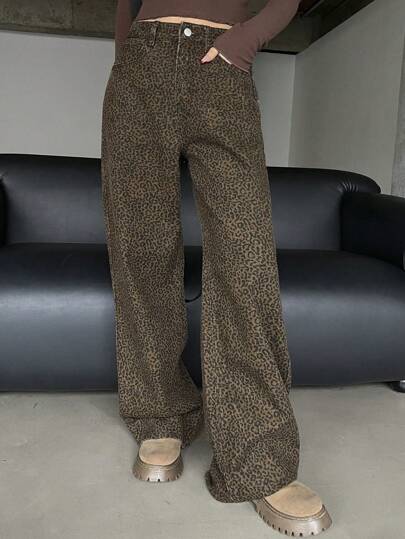 DAZY Women's Loose Fit Leopard Print Pockets Wide Leg Casual Jeans Cheetah Print