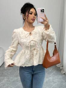 Chiquease Women's Elegant Bow Detail Jacquard Textured Fabric Long Sleeve Blouse Peplum Top - Apricot - View 4