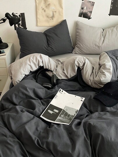 3 Pcs Bedding Set Including 1 Comforter Cover And 2 Pillow Shams, Dark Grey And Light Grey, Super Soft Dormitory Bedroom, Machine Washable, No Filling