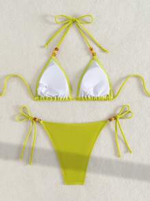 SHEIN Swim Pakaian Renang Liburan Musim Panas di Pantai untuk Wanita, Set Bikini Beludru Gaya Boho - Hijau - View 2