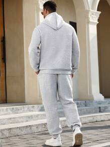 Manfinity Homme Plus Size Men Solid Color Drawstring Hooded Sweatshirt And Sweatpants Set, Casual - Grey - View 2