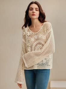 Anewsta Suéter de punto holgado de manga larga con diseño de recorte floral, elegante para ir al trabajo, salidas casuales y vacaciones en primavera/verano. Suéter de punto de otoño e invierno - Blanco - Ver 6