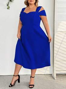 SHEIN CURVE+ Vestido romántico de talla grande para mujer con abertura en los hombros, escote en V y dobladillo con forma de paraguas, ajustado en la cintura, perfecto para citas románticas, cenas y viajes de primavera - Azul - Ver 5