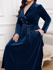 Modelyn Plus Size Elegant Solid Color Double-Breasted Dress Long Evening Dresses - Teal Blue - View 6