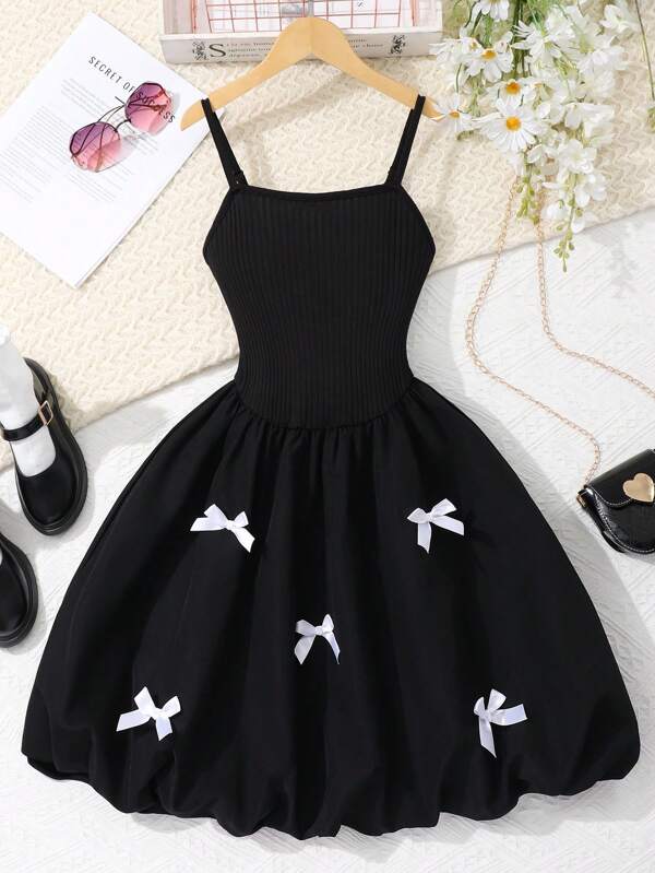 Lunivi Tween Girl Suspender Cinched Waist Cute Bow Decor Puff Skirt Dress