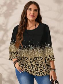 EMERY ROSE Blusa de manga 3/4 con cuello redondo, de corte holgado, con estampado completo de leopardo y lámina dorada para mujer de talla grande