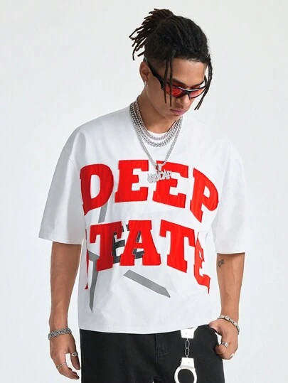 Manfinity VCAY 男士字母贴花宽松针织短袖T恤，适合夏季