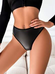 SHEIN Women's Fashionable & Sexy PU Rhinestone Decor Thong Panties - Black - View 3
