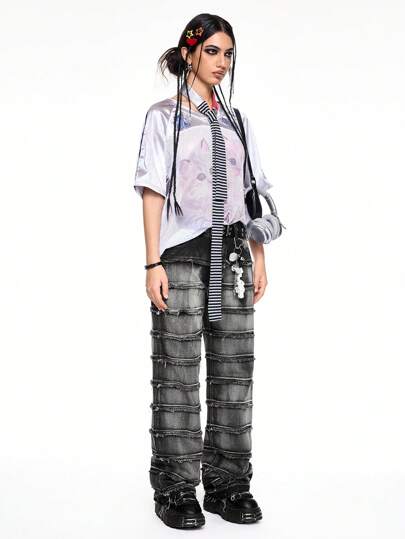 ROMWE Avant Jeans droits vintage punk pour femmes avec ourlet effiloché
