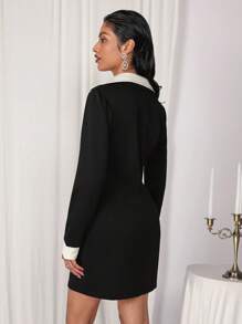 COSMINA Women's Black Ruched Fake Collar Mini Dress, Autumn/Winter - Black - View 2