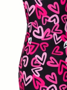 Tween Girls Pink With Black Full Heart & Letter Print Elastic Fitted Cami Dress Outfit, Lively And Cute Design For School, Outings, Party, All Seasons