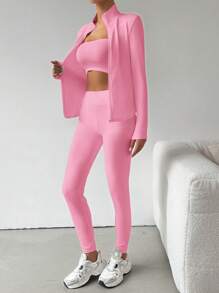 SHEIN EZwear Black Two Pieces Set Sportswear Zip Up Jacket & Leggings - Pink - View 4