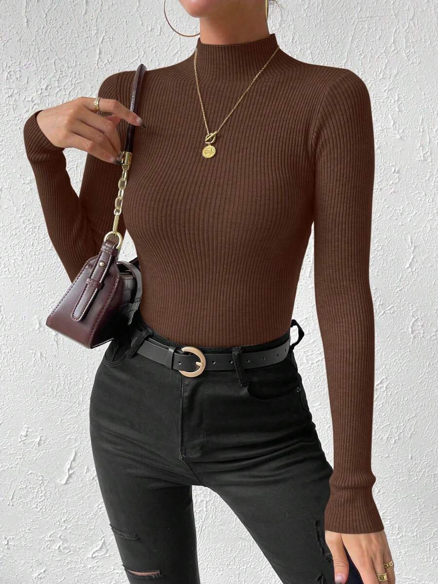 EMERY ROSE Solid Color Slim Fit Pullover Sweater, Casual And Stylish For Daily Wear Knit Pullover Fall Winter Sweater - Chocolate Brown - View 1