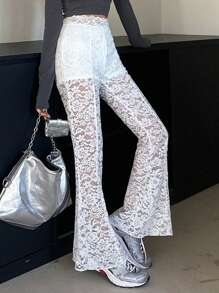 DAZY Pantalones con diseño sexy, de encaje ajustado con pierna acampanada para mujer, color blanco, para todas las estaciones