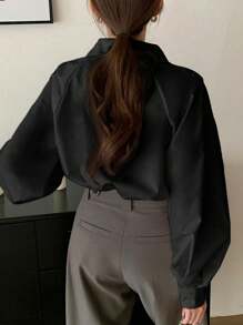 INAWLY 女士休闲纯色灯笼袖衬衫，秋季优雅衬衫 - 黑色 - 查看 2
