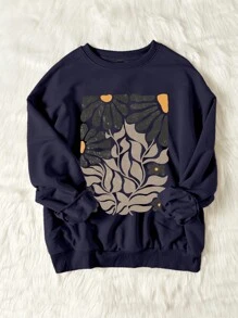 Attitoon Casual Minimalist Leaf Graphic Print Round Neck Loose Women Sweatshirt, Autumn/Winter - Navy Blue - View 3
