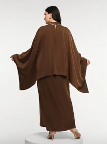 Veilorie Plus Size Women Elegant Solid Color Batwing Sleeve Arabic Style Dress Modest - Coffee Brown - View 2