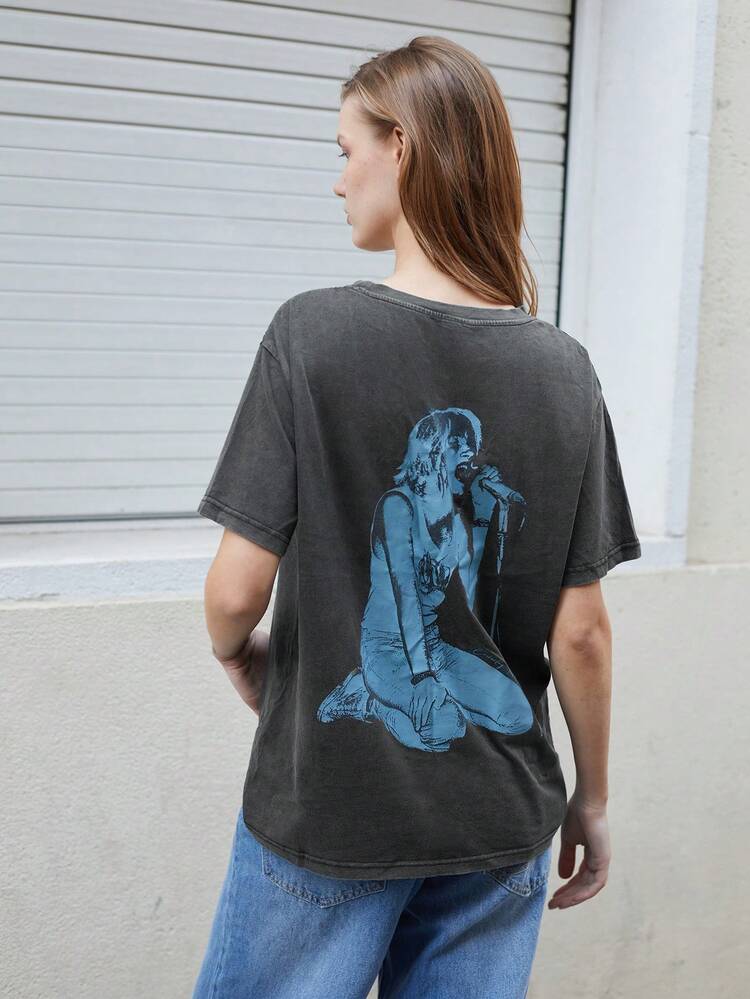 SHEIN Maija Women Gray Fashion Olive Green Splatter Graphic Print Loose Dropped Shoulder Short Sleeve Casual Pullover T-Shirt Hippie