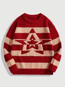 ROMWE MEN Prep Jersey casual para hombre con bloques de colores, rayas y patrón estrellado de peluche, otoño/invierno - Caqui - Ver 1